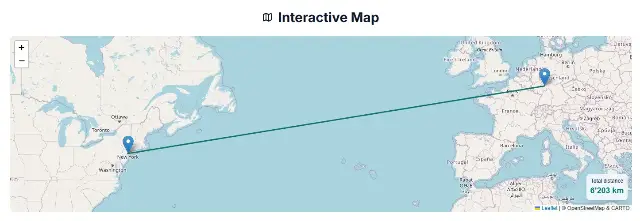 Interactive map showing a trip route