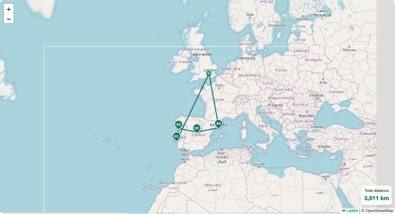 Interactive trip map tracing the route between every stop, from Lisbon through Porto and Madrid to Barcelona, with the total distance